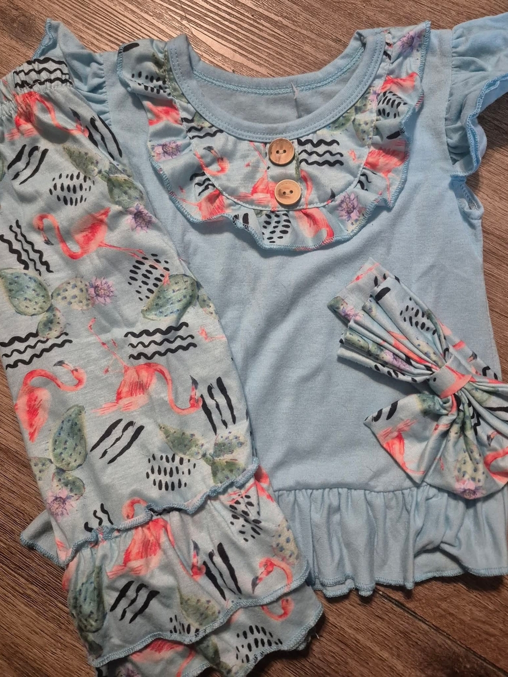 Girls' Light Blue Flamingo-Print Top & Pants with Head Bow